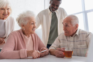 Seniors talking at a community wellness hub