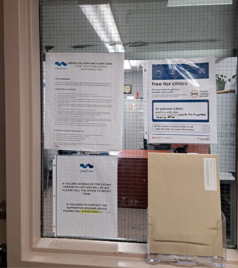 Links2Care office door inside the supportive housing building in Acton.